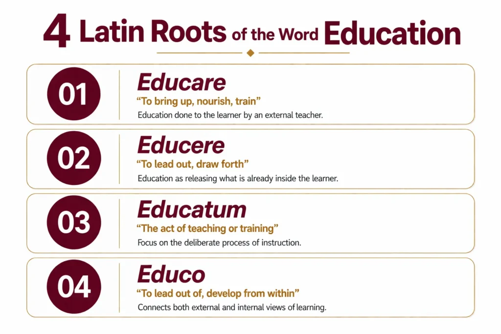Infographic showing four Latin roots of the word education including educare educere educatum and educo