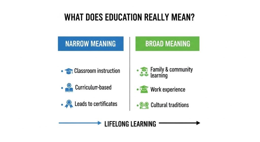 Diagram showing the broad and narrow meaning of education including formal schooling and lifelong learning