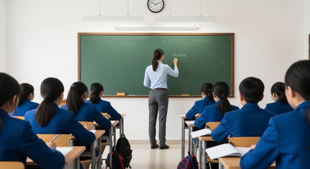 Teacher delivering a structured lesson to students in a formal school classroom representing the narrow meaning of education