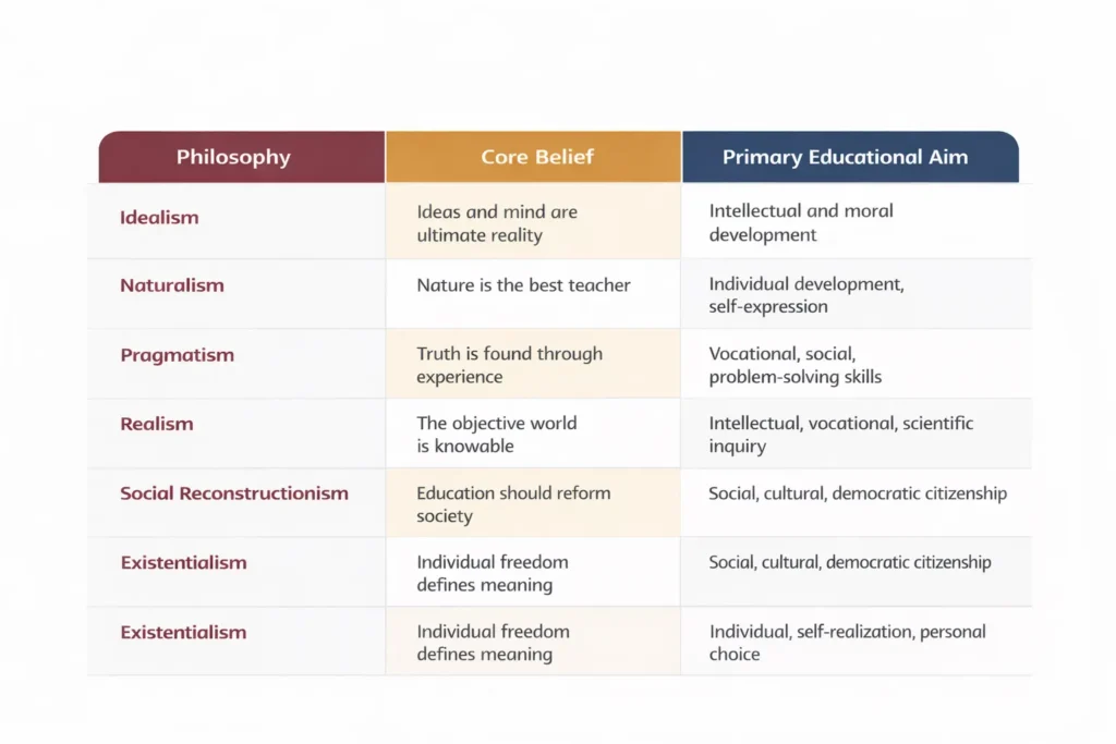 Infographic mapping six major educational philosophies to their primary aims including idealism naturalism pragmatism and existentialism
