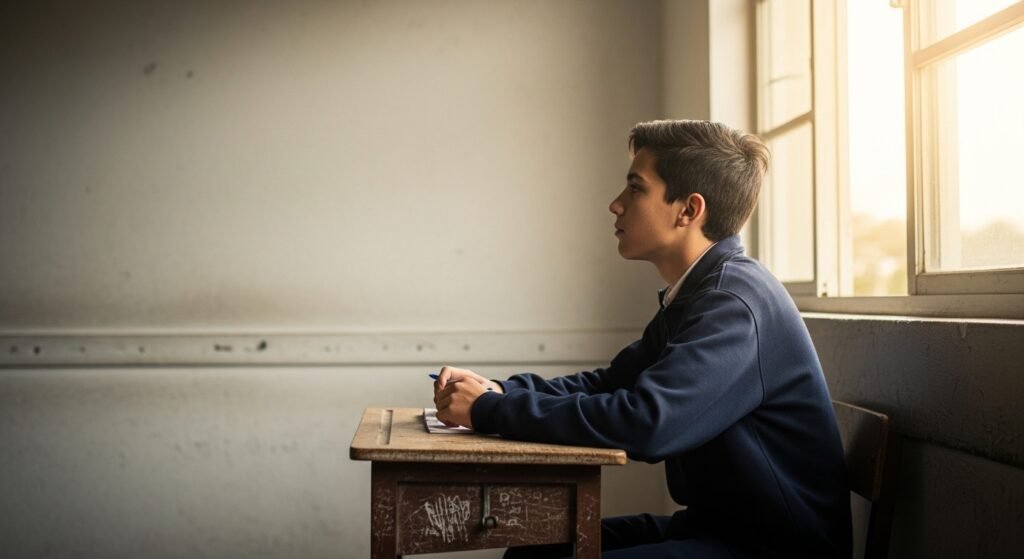Student sitting in a run-down classroom representing the gap between the real and ideal concept of education in practice