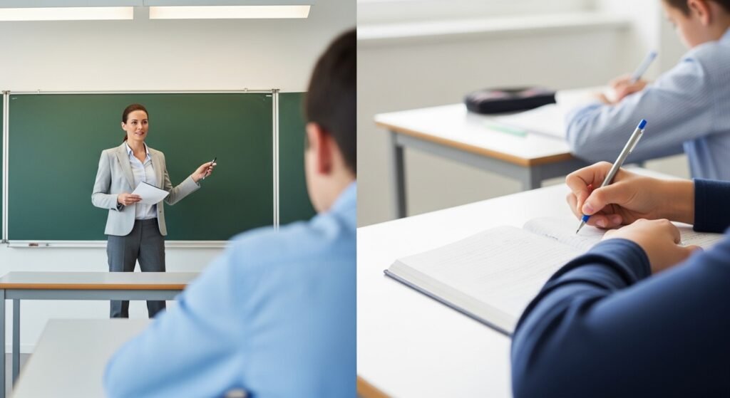 Teacher instructing students at a chalkboard on one side versus students working independently on the other representing teacher-centered and student-centered definitions of education