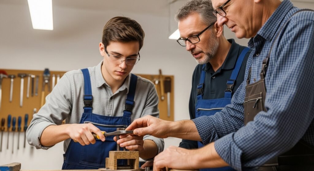 Young apprentice learning a trade skill in a workshop representing the vocational aim of education alongside practical learning